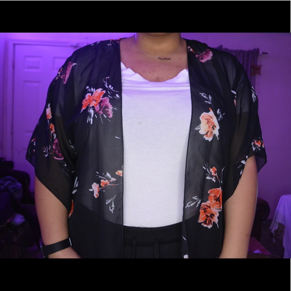 Plus Black Floral Print Chiffon Kimono